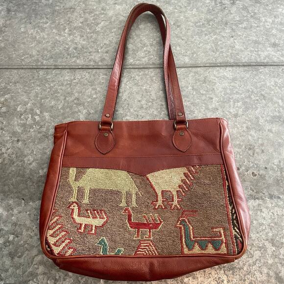 Vintage Turkish Wool Kilim Leather Camel Shoulder Bag Purse Brown Boho Artsy - Picture 7 of 13